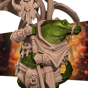 May include: A detailed 3D-printed figurine of a humanoid crocodile character. The figure is primarily green with tan armor and a staff. The crocodile has a rope tied around its snout and is wearing a hood. The staff has a skull and feather design.