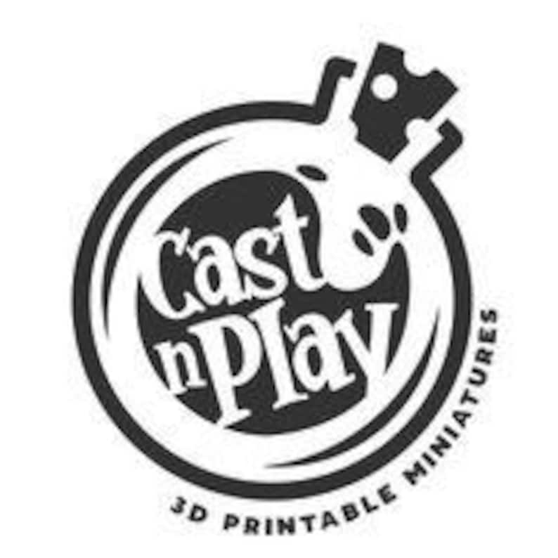 May include: Black and white logo for Cast n Play 3D Printable Miniatures. The logo features a stylized bottle with a cork and a cheese wedge on top. The text "Cast n Play" is written in a stylized font.