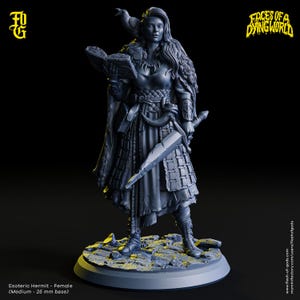 May include: A gray painted miniature figurine of a female character with long hair, wearing a long dress and holding a book and a sword. The character is standing on a gray base with a stone texture. The figurine is part of a set called "Faces of a Dying World".
