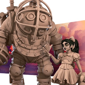 May include: A sepia-toned figurine set featuring a large, armored figure with a diving helmet and a small girl in a dress. The girl holds a butterfly and a stuffed animal. The background has a sunset-like color scheme.