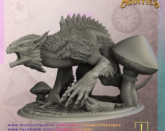 May include: A gray, detailed sculpture of a Bandersnatch creature with a large open mouth, bat-like ears, and a spiky back. The sculpture is next to two large mushroom figures. The text "Arcane Oddities" and "The Bandersnatch" are visible.