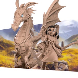 May include: A miniature figurine of a young woman riding a dragon. The woman is wearing a brown robe and has dark hair and brown eyes. The dragon is brown and has large wings. The figurine is painted in a realistic style.