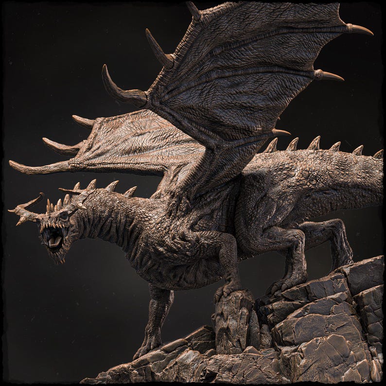 May include: A detailed, textured, bronze-colored dragon sculpture with wings spread wide. The dragon is perched on a rocky outcrop, its head turned to the side, and its mouth open in a fierce roar.