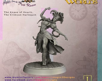 May include: A gray miniature figurine of a harlequin, The Knave of Hearts, with a jester's hat and costume. The figurine is standing on a circular base with a textured surface. The image includes the text "Wonderdeep: Tales from the Mad Realm."
