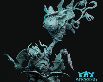 May include: A gray 3D printed miniature of a creature with bat wings and a pumpkin head, holding a smaller creature with a hat and a hook. The base of the miniature is decorated with pumpkins and bats. The miniature is labeled "Witchsong".