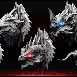May include: Five detailed dragon head sculptures in various sizes. Each dragon head is sculpted in a gray color with different colored eyes. The dragon heads are mounted on a black background. The text "Dragon Queen" is visible in the top left corner of the image.