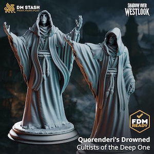 May include: Two grey miniature figurines of hooded figures in long robes with rope belts, standing on circular bases. The figures have raised arms and textured clothing. Text on the image includes DM STASH, SHADOW OVER WESTLOOK, FDM READY, and Quorenderi's Drowned Cultists of the Deep One.