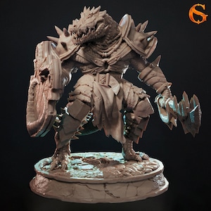 May include: A light brown, unpainted resin miniature figure of a reptilian warrior standing on a circular stone base. The creature features a crocodile-like head, spiked shoulder armor, a large round shield, and a jagged blade held in its left hand.