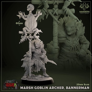 May include: A gray plastic miniature of a marsh goblin archer holding a banner with a skull and frog on top. The banner is 60 mm tall. The miniature is standing on a 25 mm base. The miniature is part of the "Warrens and Marauders" series.