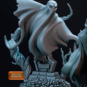 May include: A gray 3D printed miniature of a ghost figure standing on a tombstone base. The ghost is draped in a flowing sheet and has a skull-like face. The base is decorated with a skull and leaves. The miniature is labeled "Spectre Seeking". The miniature is 42mm tall and 25mm wide.