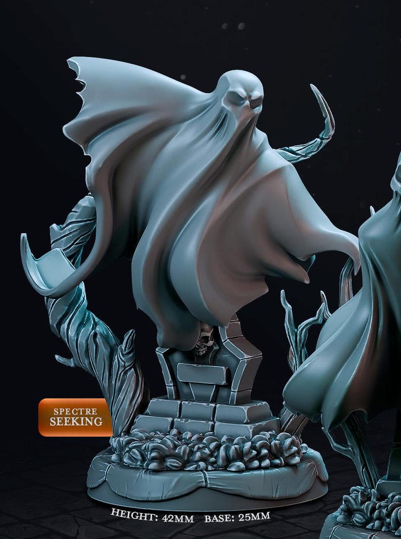 May include: A gray 3D printed miniature of a ghost figure standing on a tombstone base. The ghost is draped in a flowing sheet and has a skull-like face. The base is decorated with a skull and leaves. The miniature is labeled "Spectre Seeking". The miniature is 42mm tall and 25mm wide.