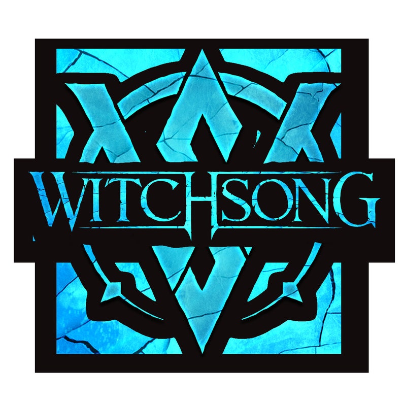 May include: A blue and black logo with the text "WITCHSONG" in a bold, gothic font. The logo features a stylized, geometric design with a central V shape and two X shapes.
