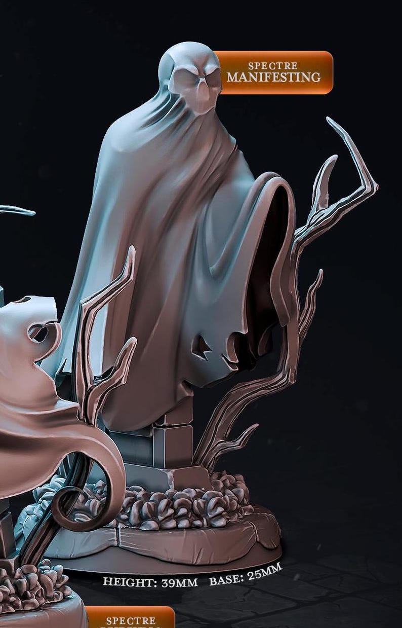May include: A gray, translucent, ghostly figure with a skull-like face, standing on a base with a rocky texture. The figure is partially obscured by a branch. The text "SPECTRE MANIFESTING" is visible in a brown rectangle at the top of the image. The text "HEIGHT: 39MM BASE: 25MM" is visible at the bottom of the image. The text "SPECTRE" is visible in a brown rectangle at the bottom of the image.