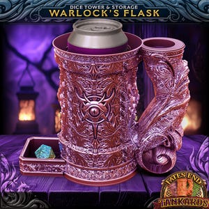 May include: A metal goblet with a dragon design, featuring a removable lid and a compartment for dice. The goblet is a deep burgundy color and has a silver-colored eye design on the front. The text "Warlock's Flask" is printed on the top of the goblet.