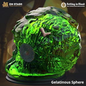 May include: A green gelatinous sphere monster miniature for tabletop role-playing games. The miniature is made of a translucent green plastic and has a textured surface. The miniature is sitting on a black base.