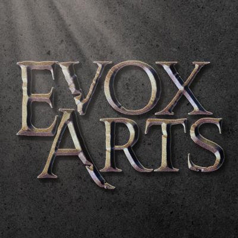 May include: A gold and black logo with the text "EVOX ARTS" on a textured gray background.
