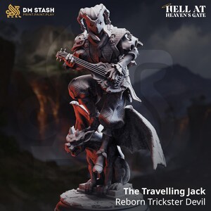 May include: A detailed figurine of a devil-like character playing a stringed instrument, standing atop a gargoyle. The figure is dressed in ornate armor and a horned helmet. The text reads "The Travelling Jack Reborn Trickster Devil."