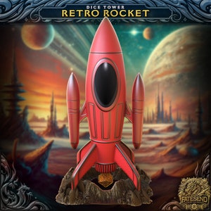 May include: Red and black retro rocket shaped dice tower with a gold gem on a brown base. The rocket is against a backdrop of a colorful, futuristic landscape.