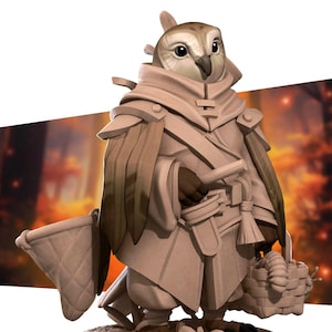 May include: A detailed figurine of an owl character wearing a tan cloak and holding a basket and a net. The owl has a light brown and white face with large, dark eyes. The background is a blurred image of a forest.