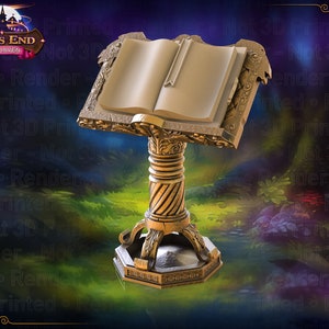 May include: A golden book stand with an open book on top. The book stand has a decorative base and a pillar with a spiral design. The book is blank and has a brown leather cover. The stand is on a background of blurred green and purple colors.