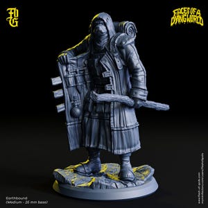 May include: A gray 3D printed miniature of a hooded figure holding a staff and a shield. The figure is wearing a long coat and has a backpack. The miniature is on a gray base. The text "FACES OF A DYING WORLD" is in the upper right corner of the image.