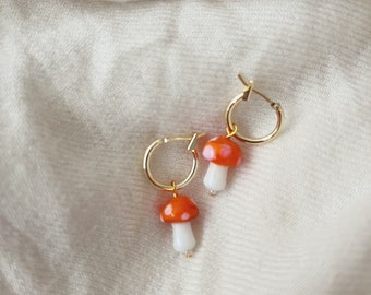 Miniature Mushroom Earrings | 14K Gold Plated Hoop Earrings | Small Gold Hoops | Cottagecore | Orange and white spotted mushroom earrings