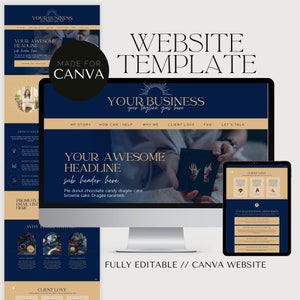 Site Web Navy and Gold Canva, modèle de site Web d’une page, site Web d’entraîneur personnalisable, page de vente d’entrepreneur spirituel, site Web moderne - A008