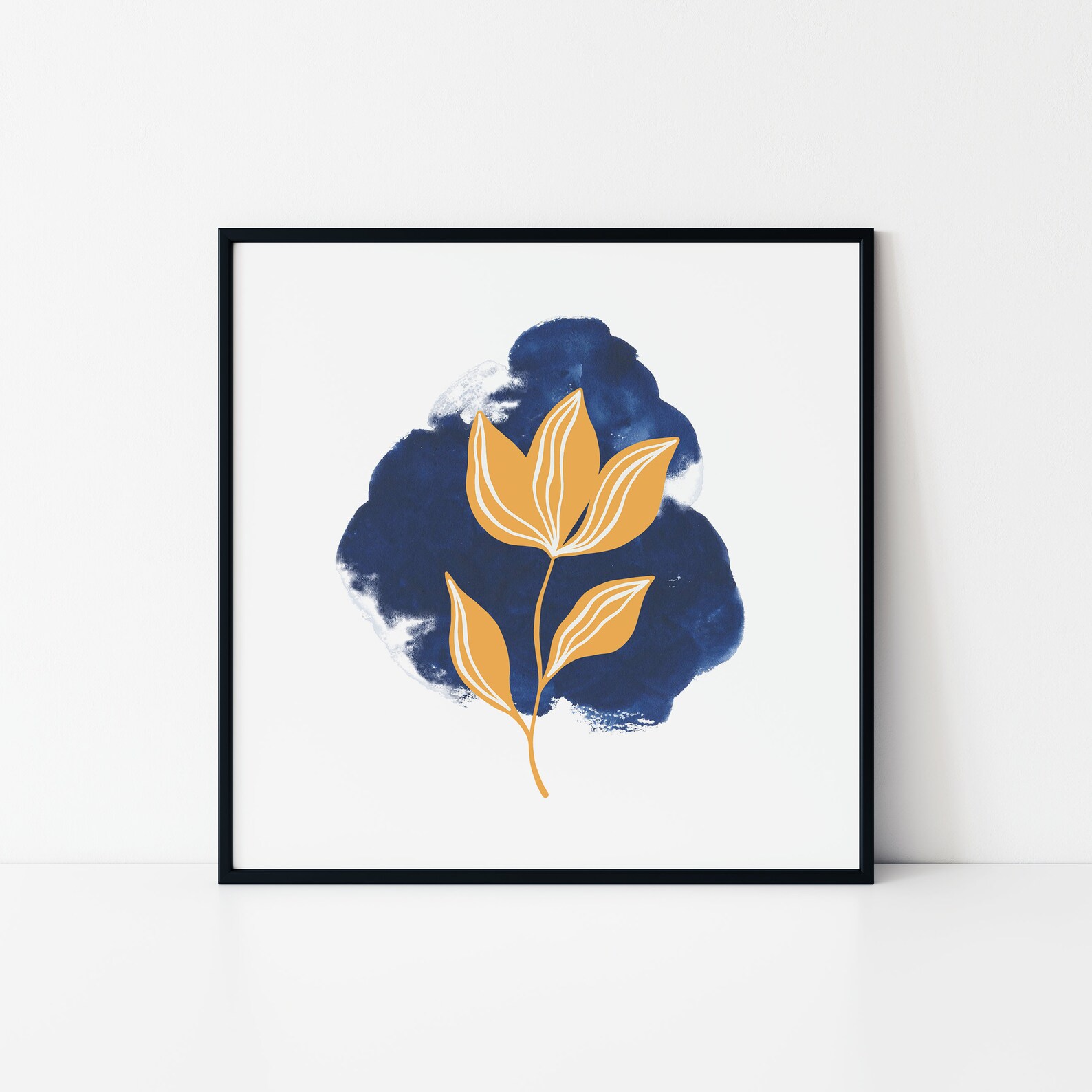Gold and Navy Wall Art Floral Abstract Art Print Navy Blue Etsy