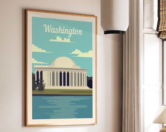 Retro Washington Travel Print Wall Art, Mid Century Modern Washington Wall Hanging Home Décor, Washington DC United States Art Lover Gift