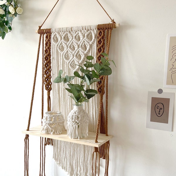 Estante colgante de pared de macramé, estante de pared de 1 nivel con cuerda tejida hecha a mano, colgador organizador de estantes boho para cocina