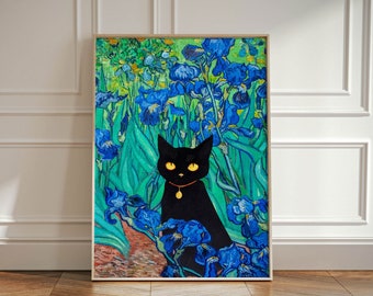 Vincent Van Gogh Iris Cat Print, Van Gogh Cat Poster, Black Bombay Cat Art, Impression florale, Hanger Frame Print Funny Gift, Home Decor Poster