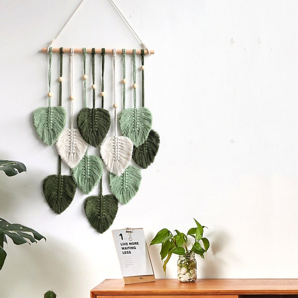 Green Leaves Macrame Wall Hanging, Macrame Feather, Farmhouse Wall Decor, Minimalist Wall Art, Jungle Nursery Decor, Housewarming Gift