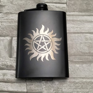 Supernatural anti possession laser engraved flasks, Gift, Birthday Present, Supernatural, Drink ware, Barware