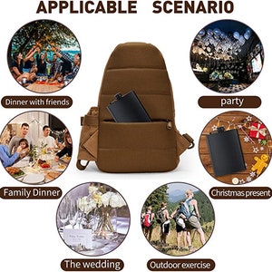 May include: A brown canvas rucksack with a mesh pocket on the front. The pocket contains a black flask. The rucksack is shown in various scenarios, including a dinner with friends, a party, a family dinner, a wedding, outdoor exercise, and as a Christmas present.