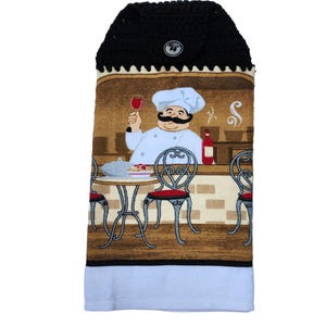 Fat Chef Hanging Dish Towel // Italian Chef Kitchen Decor // Hand Drying Towel // Crochet towel topper // Double Layer // Chef Lover Gift