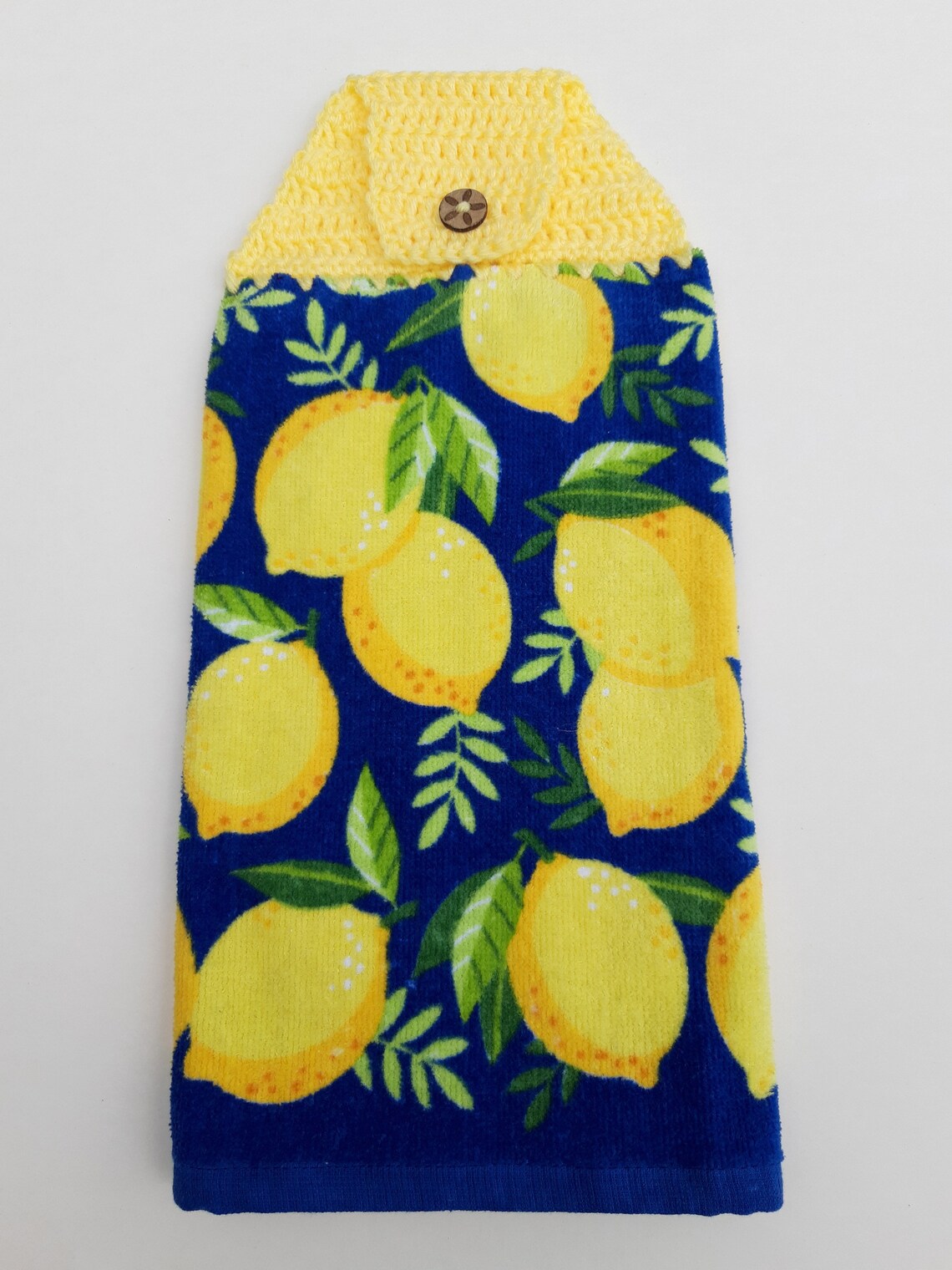 Hanging LEMON kitchen dish towel with crochet topper Etsy