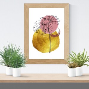 Cosmos Flower over Dusty Rose and Gold Dots , Cottage Core, Boho, Digital Wall Art, Instant Download, Nature Art Print