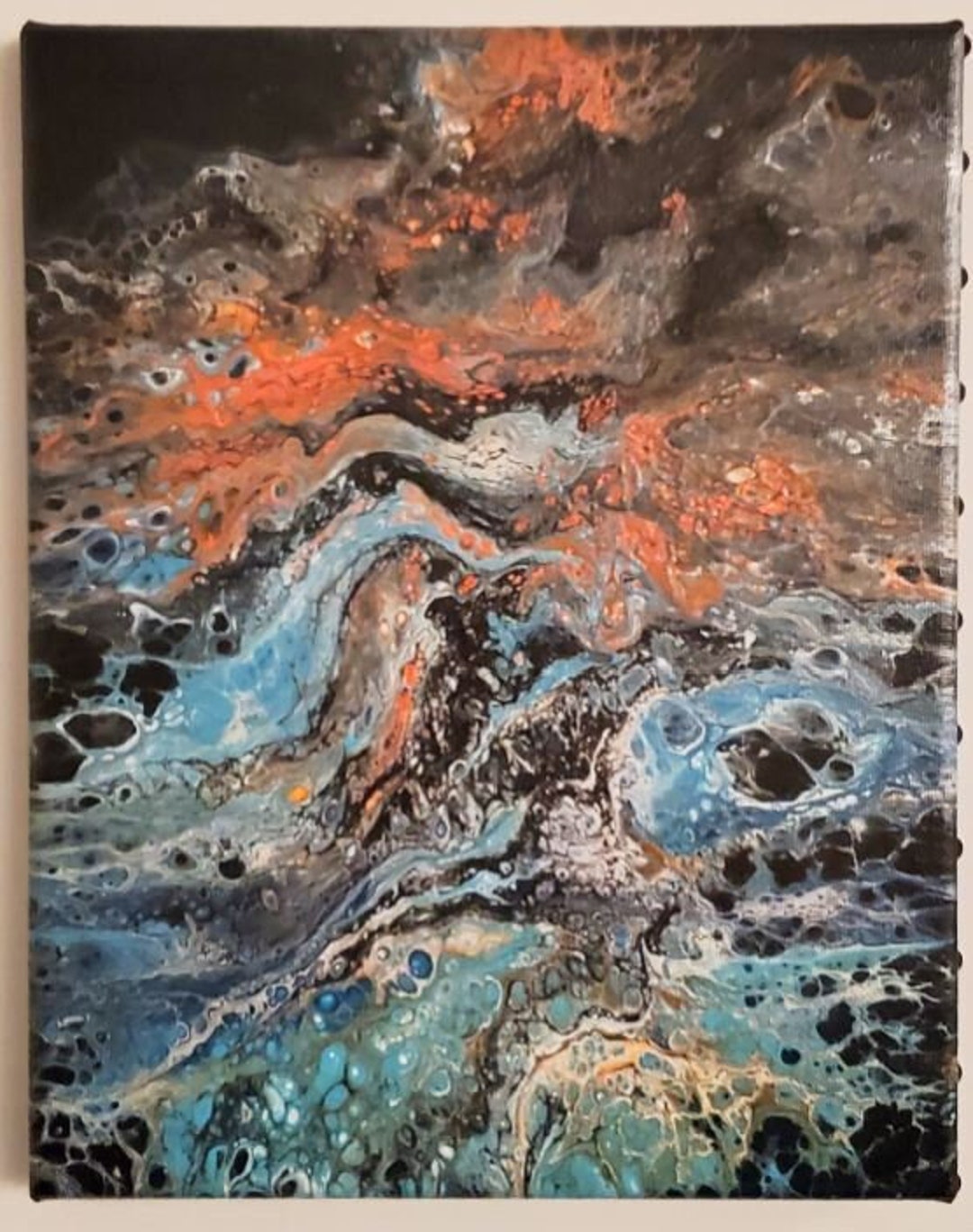 Blue and Orange Acrylic Pour Painting Wall and Home Decor on 8x10