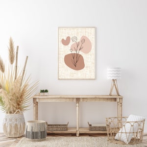 Boho Flower with Abstract Accent on Brown Linen, Cottage Core, Digital Wall Art, Instant Download, Nature Art Print