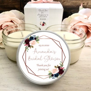 Navy & Burgundy Bridal Shower Favors, 6 - 4 oz favors, personalized favors, candle favors, rose gold favors
