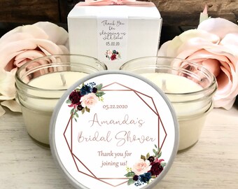 Navy & Burgundy Bridal Shower Favors, 6 - 4 oz favors, personalized favors, candle favors, rose gold favors