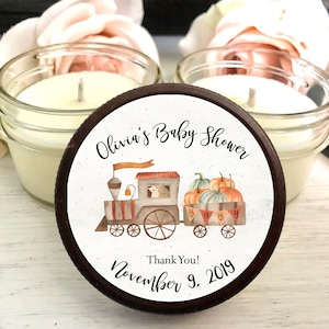 Autunno Baby Shower Favori, Woodland Baby Shower, Unico Baby Shower Favor, 6 Pack Candele, Bomboniere personalizzate per Baby Shower, Pumpkin Train
