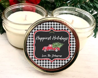 Christmas Gifts for Coworkers, Holiday Gift, Set of 12 4 oz Candle Favors, Red Truck Christmas, Christmas Gift, Bulk Christmas Gift, plaid