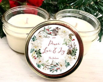 Holiday Gift Ideas, Gifts for Clients, Bulk Candles, Peace Love & Joy, Set of 12 4 oz Candle Favors, Bulk Christmas Gift, Holiday Favors