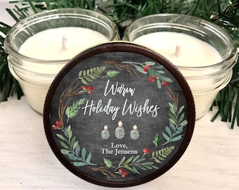 Warm Holiday Wishes, Holiday Candle Favor, Set of 12 4 oz Candle Favors, Christmas Wreath, Personalized Holiday Favor, Soy Candle Favor