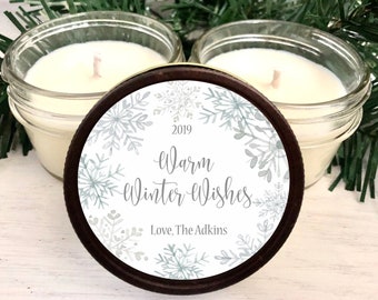 Bulk Gifts for Coworkers, Warm Winter Wishes, Set of 12 4 oz Candle, Christmas Gift, Bulk Holiday Gift, Personalized Christmas Party Favors