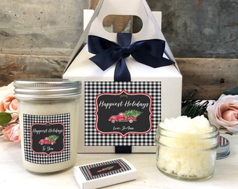 Buffalo Plaid Christmas Gift Basket, Spa Gift Box Set, Sugar Scrub Gift, Soy Candle Gift, Coworker Gift, Christmas Gift Friend
