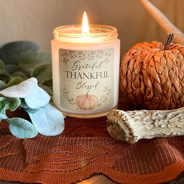 Thanksgiving Candle Gift Idea, Grateful Thankful Blessed, mason Jar candle, autumn candle, fall candle, Handmade Soy Candle, Thanksgiving