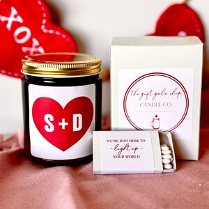 Initial Valentine&#39;s Day Candle | Personalized Valentines Day Gift | Initial Heart Candle | 9 oz Amber Jar Soy Candle | Valentines Decor