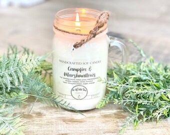 Farmhouse Candle, Campfire & Marshmallows, Fall Candle, Winter Candle, Soy Candle, Mason Jar Candle, Candle Gift, Farmhouse Decor